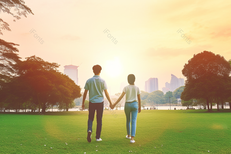 甜蜜情侣手牵手在户外草坪上游玩的背影摄影背景,高清,摄影图,摄影图片,图片大全,摄影图免费下载